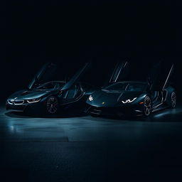 A stunning shot of a BMW i9 and Lamborghini Revuelto parked side by side in a dark, atmospheric environment