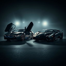 A stunning shot of a BMW i9 and Lamborghini Revuelto parked side by side in a dark, atmospheric environment