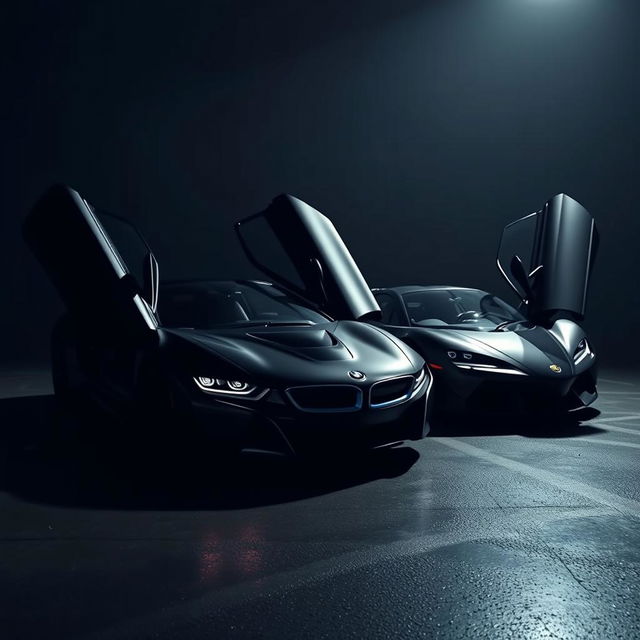 A stunning shot of a BMW i9 and Lamborghini Revuelto parked side by side in a dark, atmospheric environment