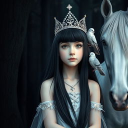 A full-body portrait of an 11-year-old white Brazilian princess with long, straight black hair and dark eyes