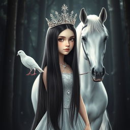 A full-body portrait of an 11-year-old white Brazilian princess with long, straight black hair and dark eyes