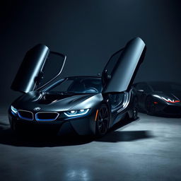 A stunning visual of a BMW i9 and Lamborghini Revuelto, both in sleek black color, showcased in a dark, moody environment