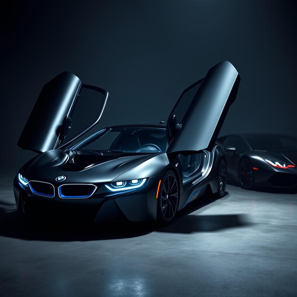 A stunning visual of a BMW i9 and Lamborghini Revuelto, both in sleek black color, showcased in a dark, moody environment