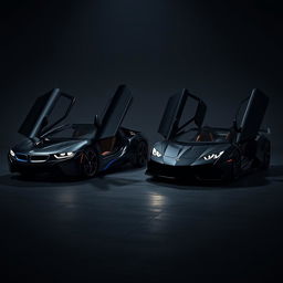 A stunning visual of a BMW i9 and Lamborghini Revuelto, both in sleek black color, showcased in a dark, moody environment