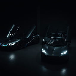 A stunning visual of a BMW i9 and Lamborghini Revuelto, both in sleek black color, showcased in a dark, moody environment