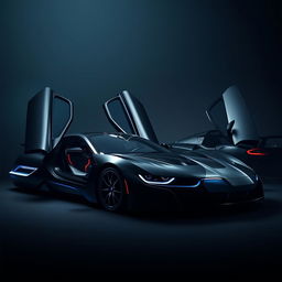 A stunning visual of a BMW i9 and Lamborghini Revuelto, both in sleek black color, showcased in a dark, moody environment