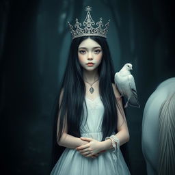A full-body portrait of an 11-year-old white Brazilian princess with long, straight black hair and dark eyes