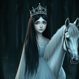 A full-body portrait of an 11-year-old white Brazilian princess with long, straight black hair and dark eyes