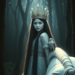 A full-body depiction of an 11-year-old white Brazilian princess featuring long, straight black hair and dark eyes
