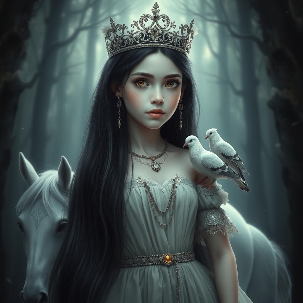 A full-body depiction of an 11-year-old white Brazilian princess featuring long, straight black hair and dark eyes