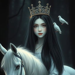 A full-body depiction of an 11-year-old white Brazilian princess featuring long, straight black hair and dark eyes