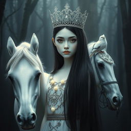 A full-body depiction of an 11-year-old white Brazilian princess featuring long, straight black hair and dark eyes