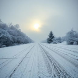 A picturesque winter scene depicting snow gently falling over a quiet, deserted road