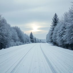 A picturesque winter scene depicting snow gently falling over a quiet, deserted road