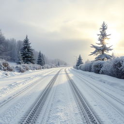 A picturesque winter scene depicting snow gently falling over a quiet, deserted road