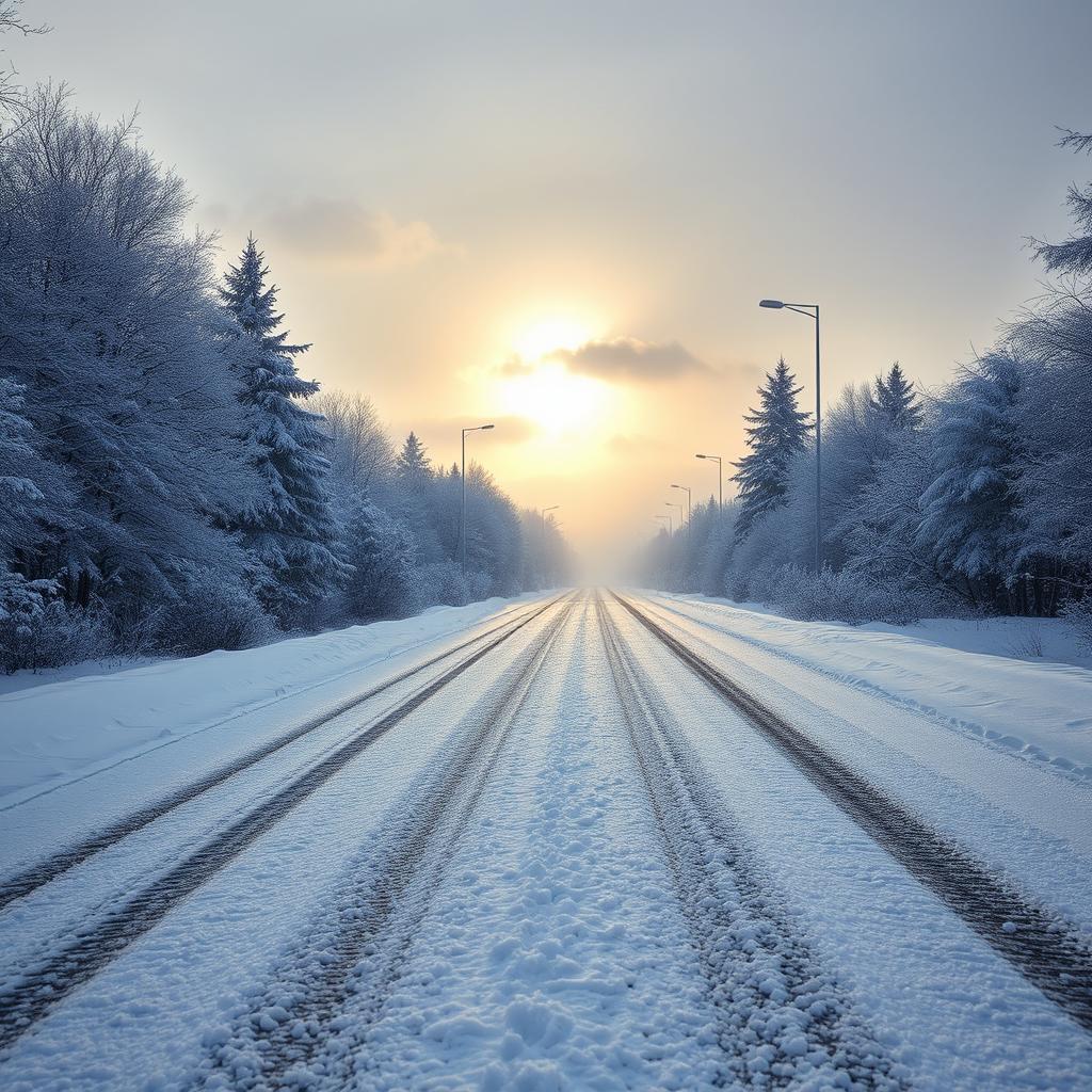 A picturesque winter scene depicting snow gently falling over a quiet, deserted road
