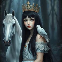 A full-body depiction of an 11-year-old white Brazilian princess featuring long, straight black hair and captivating dark eyes
