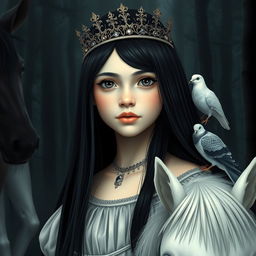 A full-body depiction of an 11-year-old white Brazilian princess featuring long, straight black hair and captivating dark eyes