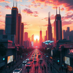A stunning, intricate digital artwork of a futuristic city skyline at sunset, featuring towering skyscrapers with glowing neon accents