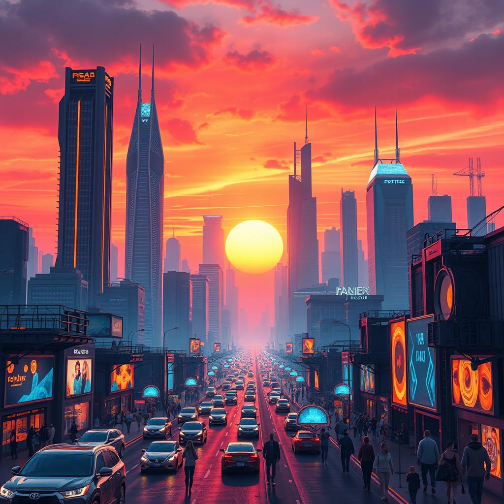 A stunning, intricate digital artwork of a futuristic city skyline at sunset, featuring towering skyscrapers with glowing neon accents