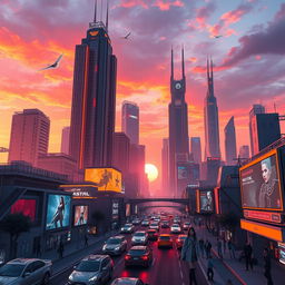 A stunning, intricate digital artwork of a futuristic city skyline at sunset, featuring towering skyscrapers with glowing neon accents