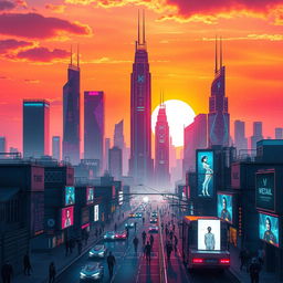 A stunning, intricate digital artwork of a futuristic city skyline at sunset, featuring towering skyscrapers with glowing neon accents