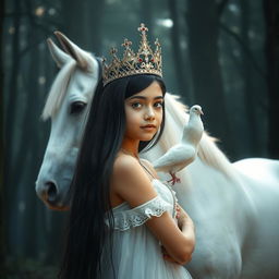 A full-body image of an 11-year-old white Brazilian princess with long, straight black hair, dark eyes, and fair skin, wearing a beautifully ornate crown
