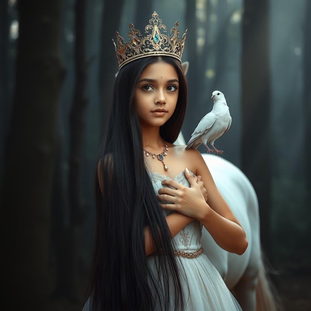 A full-body image of an 11-year-old white Brazilian princess with long, straight black hair, dark eyes, and fair skin, wearing a beautifully ornate crown