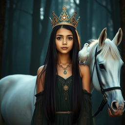 A full-body image of an 11-year-old white Brazilian princess with long, straight black hair, dark eyes, and fair skin, wearing a beautifully ornate crown