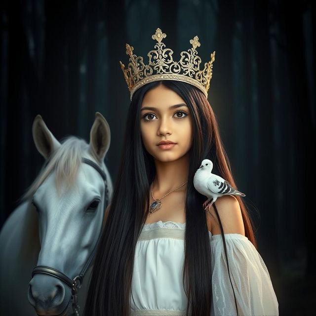 A full-body image of an 11-year-old white Brazilian princess with long, straight black hair, dark eyes, and fair skin, wearing a beautifully ornate crown