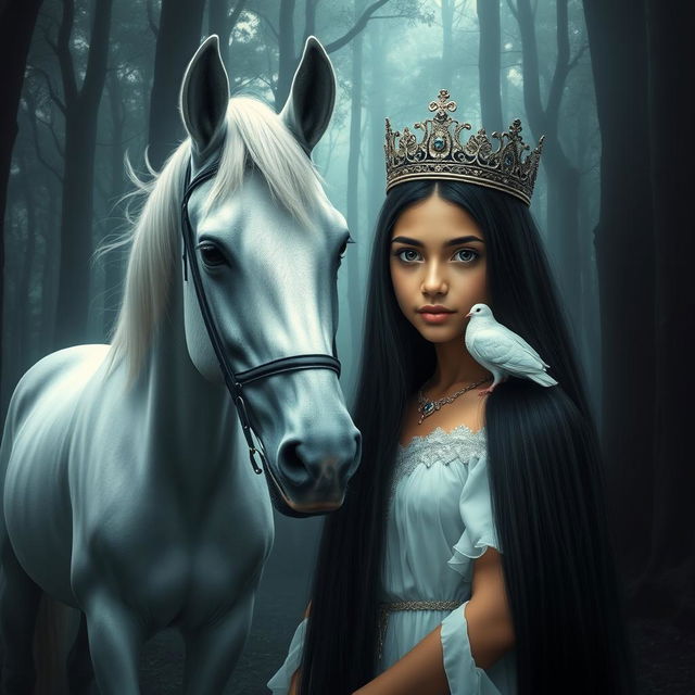 A full-body depiction of an 11-year-old white Brazilian princess with long, straight black hair, dark eyes, and fair skin, wearing an ornate crown