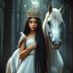 A full-body depiction of an 11-year-old white Brazilian princess with long, straight black hair, dark eyes, and fair skin, wearing an ornate crown