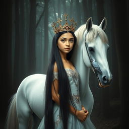 A full-body depiction of an 11-year-old white Brazilian princess with long, straight black hair, dark eyes, and fair skin, wearing an ornate crown