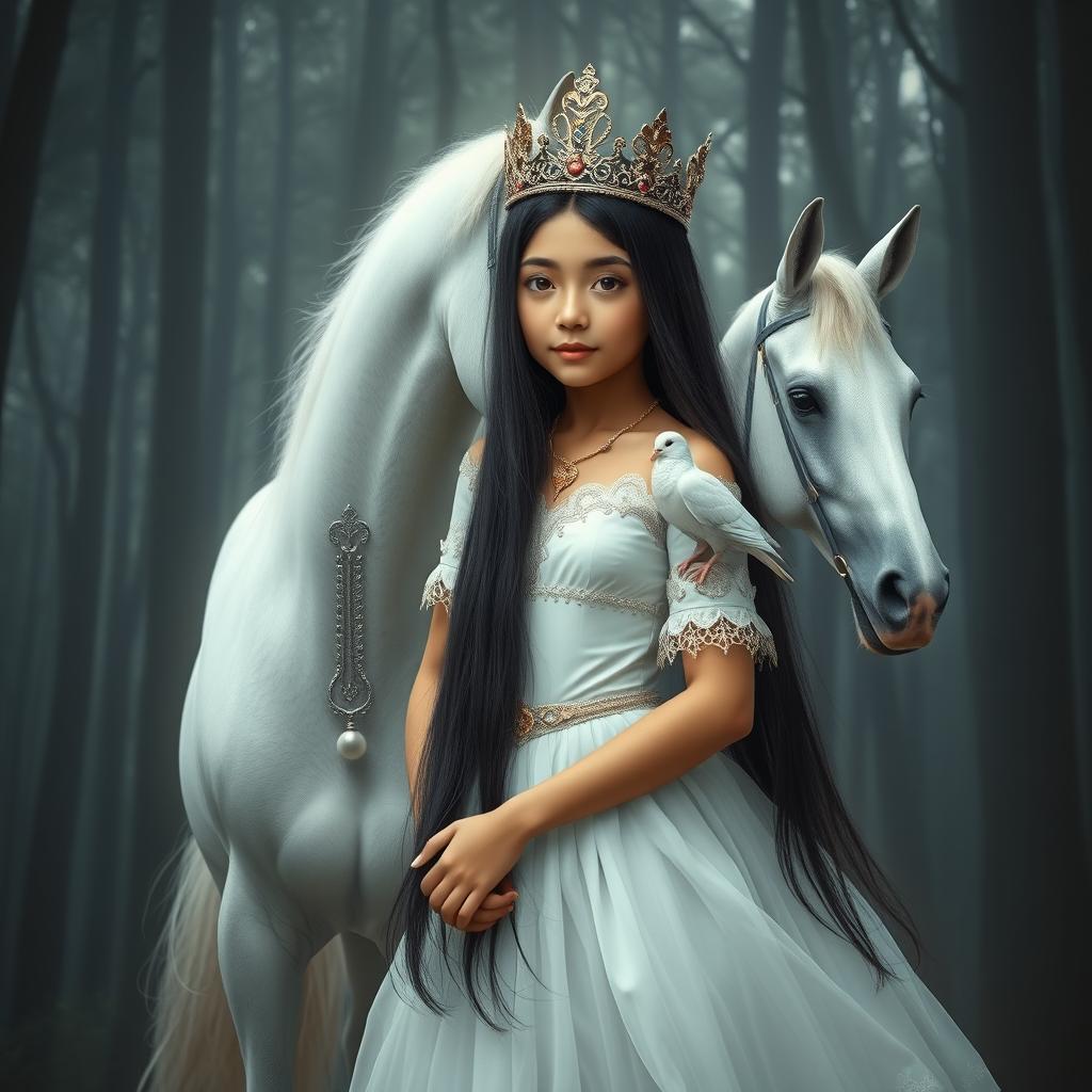 A full-body depiction of an 11-year-old white Brazilian princess with long, straight black hair, dark eyes, and fair skin, wearing an ornate crown