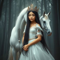 A full-body depiction of an 11-year-old white Brazilian princess with long, straight black hair, dark eyes, and fair skin, wearing an ornate crown