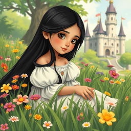 A vintage-style full-body illustration of an 11-year-old Latina princess with long, straight black hair, dark eyes, and fair skin