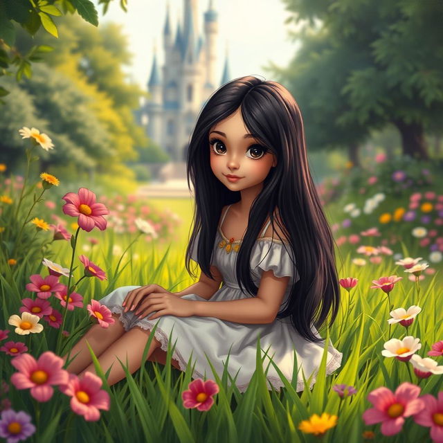 A vintage-style full-body illustration of an 11-year-old Latina princess with long, straight black hair, dark eyes, and fair skin