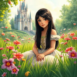 A vintage-style full-body illustration of an 11-year-old Latina princess with long, straight black hair, dark eyes, and fair skin