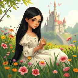 A vintage-style full-body illustration of an 11-year-old Latina princess with long, straight black hair, dark eyes, and fair skin