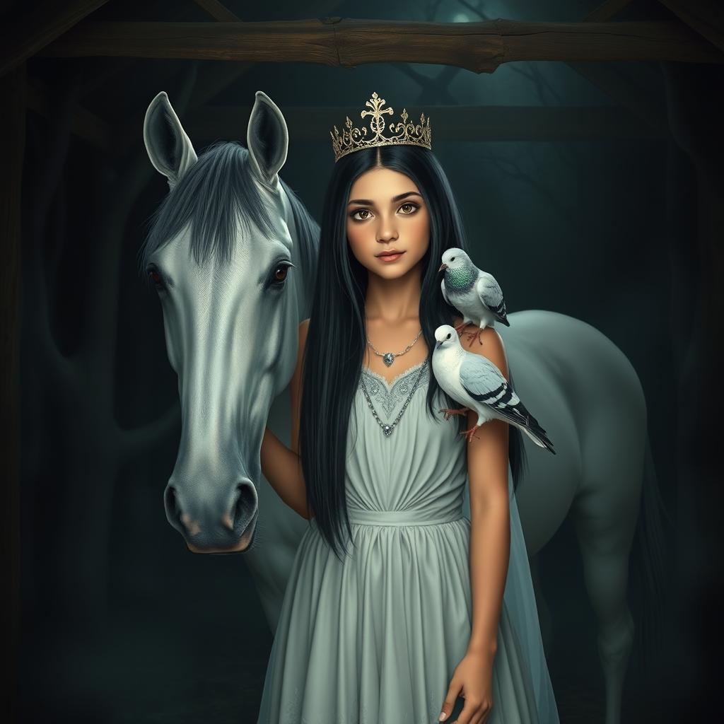 A full-body depiction of a 13-year-old white Brazilian princess with long, straight black hair, dark eyes, and fair skin, adorned with an elegant crown