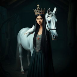 A full-body depiction of a 13-year-old white Brazilian princess with long, straight black hair, dark eyes, and fair skin, adorned with an elegant crown