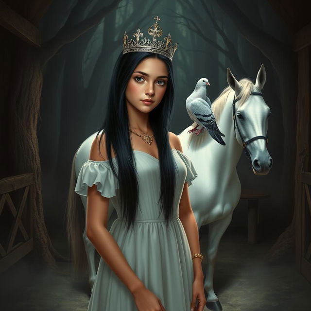 A full-body depiction of a 13-year-old white Brazilian princess with long, straight black hair, dark eyes, and fair skin, adorned with an elegant crown