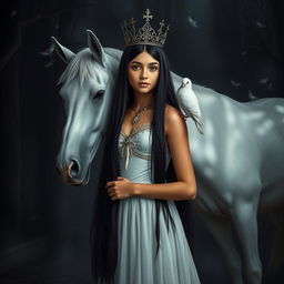 A full-body depiction of a 13-year-old white Brazilian princess with long, straight black hair, dark eyes, and fair skin, adorned with an elegant crown