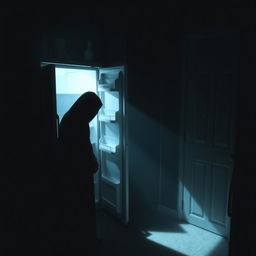 A dark, ominous room with a faint, eerie glow emanating from an open fridge, casting shadows across the space