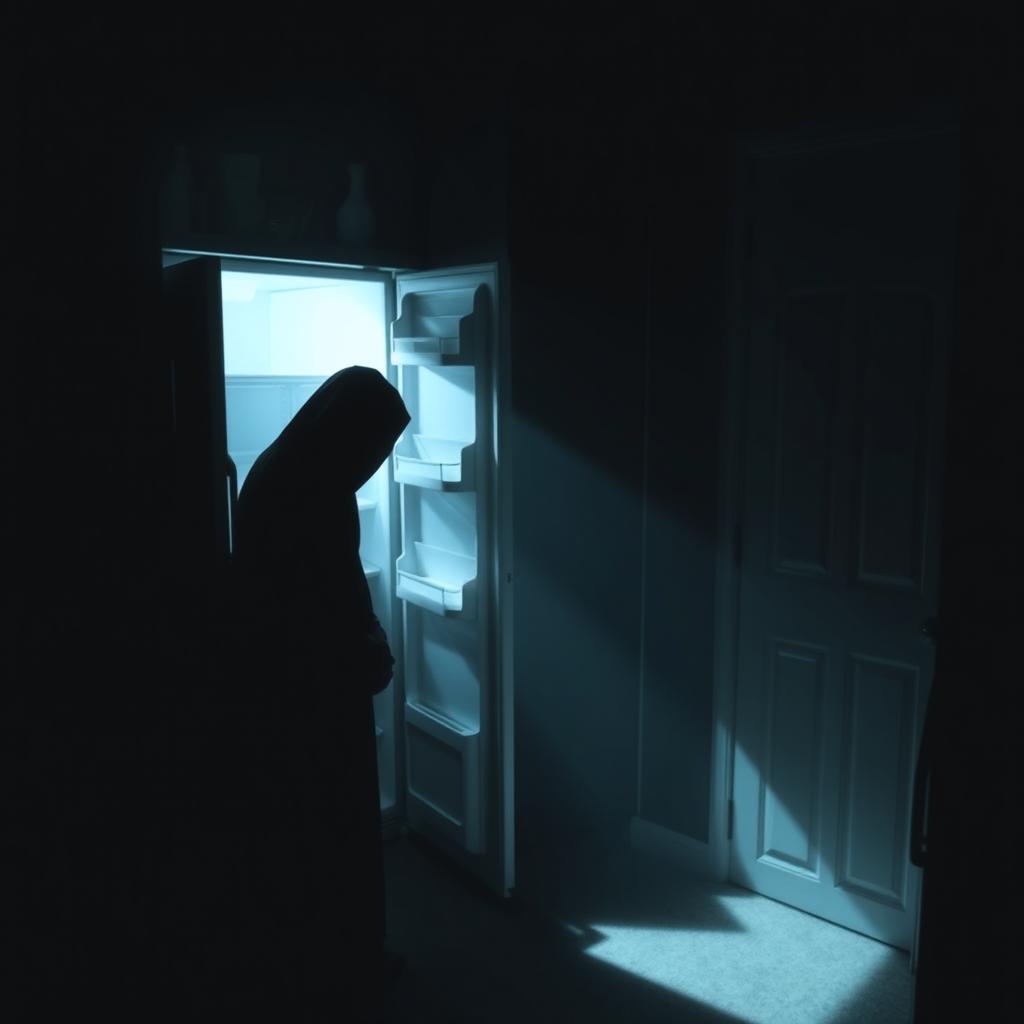 A dark, ominous room with a faint, eerie glow emanating from an open fridge, casting shadows across the space