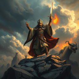 A captivating scene depicting a wise warrior in traditional attire, standing triumphantly atop a rugged, rocky landscape