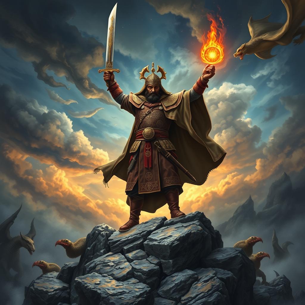 A captivating scene depicting a wise warrior in traditional attire, standing triumphantly atop a rugged, rocky landscape