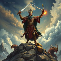 A captivating scene depicting a wise warrior in traditional attire, standing triumphantly atop a rugged, rocky landscape