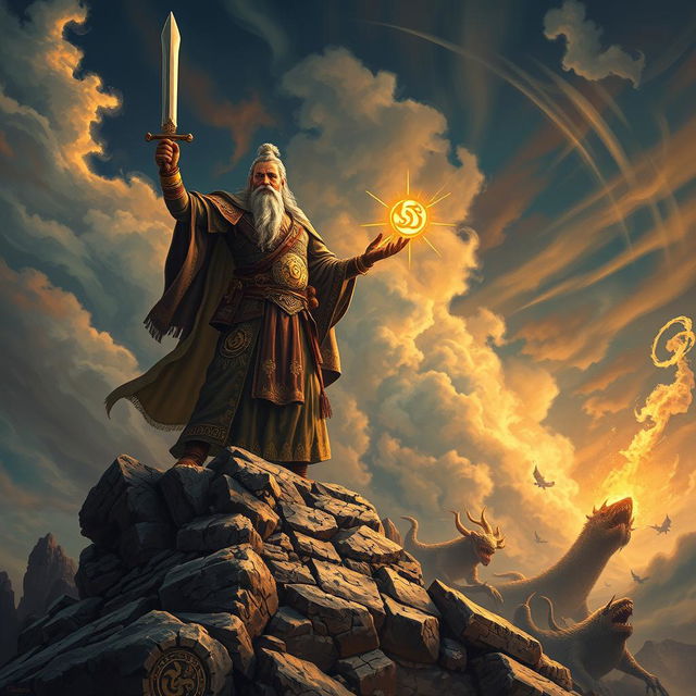 A captivating scene depicting a wise warrior in traditional attire, standing triumphantly atop a rugged, rocky landscape