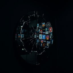 A striking visual representation of a broken mirror symbolizing deception, with jagged cracks reflecting distorted images of various symbols representing misinformation (e